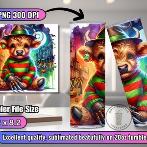 May include: A 20oz tumbler featuring a watercolor illustration of a brown cow wearing a witch hat, a striped sweater, and a metal glove with claws. The design includes the words "Spooky Season" and a spooky background.