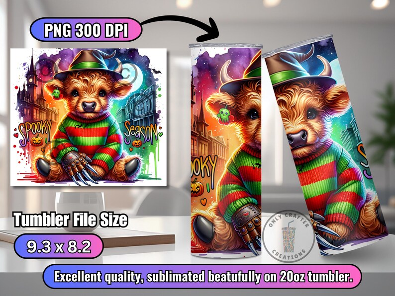 May include: A 20oz tumbler featuring a watercolor illustration of a brown cow wearing a witch hat, a striped sweater, and a metal glove with claws. The design includes the words "Spooky Season" and a spooky background.