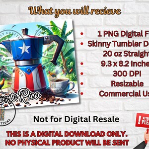 May include: A digital download for a skinny tumbler design featuring a Puerto Rican flag and coffee pot. The design is 9.3 inches by 8.2 inches, 300 DPI, and resizable. It is for commercial use.