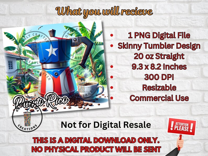 May include: A digital download for a skinny tumbler design featuring a Puerto Rican flag and coffee pot. The design is 9.3 inches by 8.2 inches, 300 DPI, and resizable. It is for commercial use.