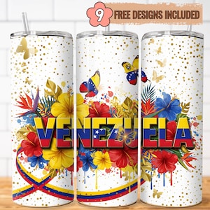 May include: A white tumbler with a floral design featuring red, yellow, and blue flowers, butterflies, and the word "VENEZUELA" in bold letters. Gold confetti and a straw complete the design.