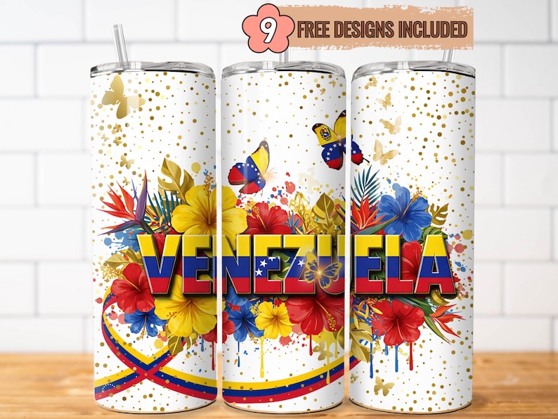 May include: A white tumbler with a floral design featuring red, yellow, and blue flowers, butterflies, and the word "VENEZUELA" in bold letters. Gold confetti and a straw complete the design.