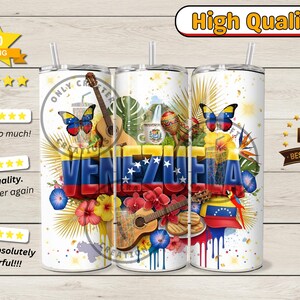 May include: White insulated tumbler featuring the word "VENEZUELA" in red, blue, and yellow, with a butterfly, guitar, and floral design. The tumbler has a straw and is decorated with Venezuelan symbols.
