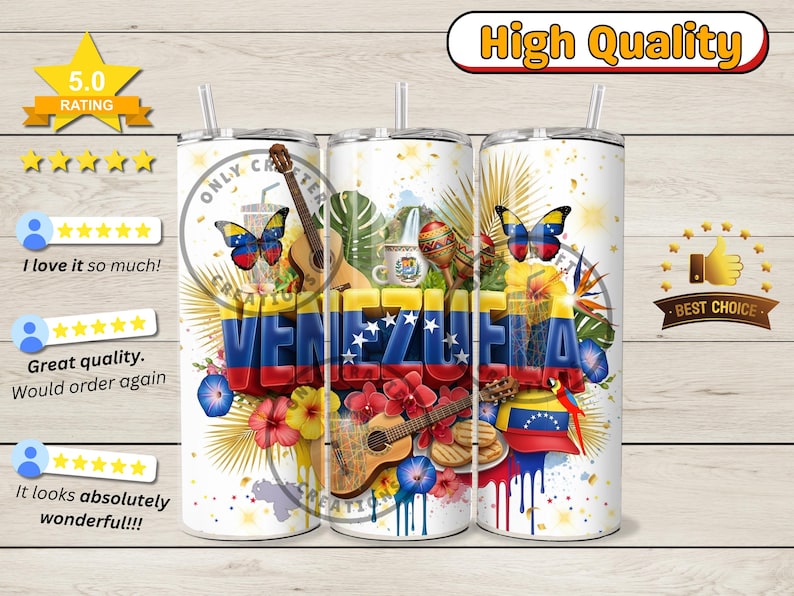 May include: White insulated tumbler featuring the word "VENEZUELA" in red, blue, and yellow, with a butterfly, guitar, and floral design. The tumbler has a straw and is decorated with Venezuelan symbols.
