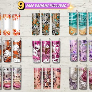May include: Nine different designs for sublimation tumblers. The designs include fall leaves, pumpkins, flowers, and inspirational quotes. The tumblers are white and ready to be customized.