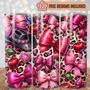 Cherry Coquette Bow Tumbler Wrap PNG, Animal Print Cherry Design, 20oz Skinny Tumbler Sublimation, Aesthetic Cute Bow Digital Download