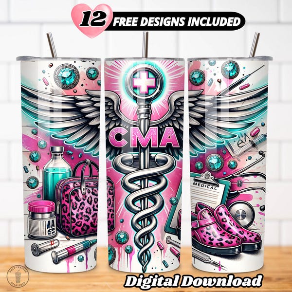 CMA Tumbler Wrap Medizinisches Personal PNG, 20 Unzen Skinny Sublimationsdesign, zertifizierter Arzthelfer professionelles Geschenk, digitaler Download