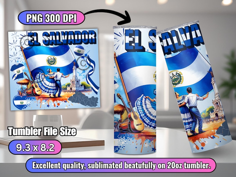 May include: A sublimation design for a 20oz tumbler featuring a colorful illustration of the El Salvador flag, dancers in traditional clothing, and a guitar. The design includes the text "El Salvador".