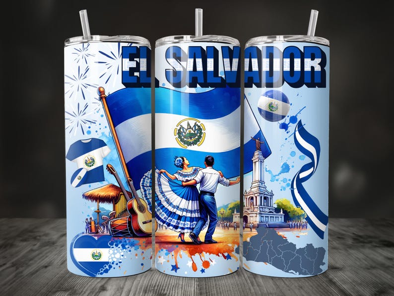 May include: A set of three stainless steel tumblers with a blue and white design featuring the flag of El Salvador, a dancing couple in traditional clothing, and a monument. The tumblers have a white background with blue and white paint splatters.