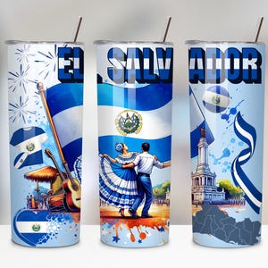 El Salvador Flag 20oz Tumbler Wrap PNG, Salvadoran Pride Sublimation Design, Guanaco Gift, Central America Coat of Arms, Digital Download image 8