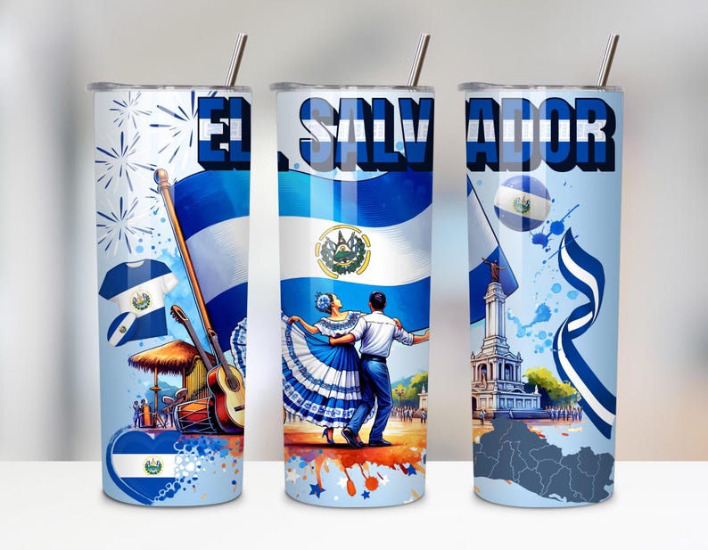 El Salvador Flag 20oz Tumbler Wrap PNG, Salvadoran Pride Sublimation Design, Guanaco Gift, Central America Coat of Arms, Digital Download image 8