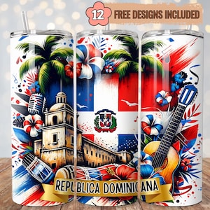 Vaso de República Dominicana de 20 oz, Bandera Dominicana PNG, Diseño de sublimación para vaso delgado de 20 oz, Bandera Dominicana, Descarga digital