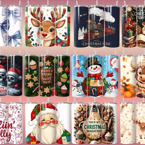 May include: A collection of insulated tumblers with various holiday-themed designs. The designs include Christmas bows, reindeer, a train, snowmen, Santa Claus, and festive text. Each tumbler has a straw and a white background.