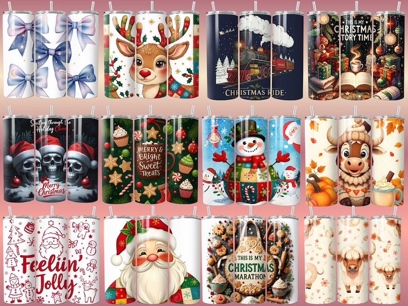 May include: A collection of insulated tumblers with various holiday-themed designs. The designs include Christmas bows, reindeer, a train, snowmen, Santa Claus, and festive text. Each tumbler has a straw and a white background.