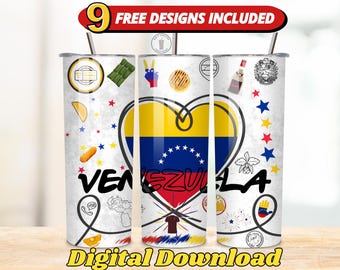 Op de afbeelding: Een witte tumbler met een hartvormig ontwerp van de Venezolaanse vlag. De tumbler heeft een zwarte omtrek en is versierd met sterren, bloemen en andere kleine details. De tekst "Venezuela" staat in zwarte letters op de tumbler. De tumbler is een digitaal bestand.