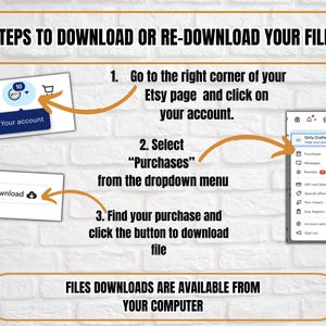 May include: A step-by-step guide on how to download or re-download a digital file from Etsy. The guide shows a screenshot of the Etsy website with instructions on how to access your purchases and download your files.