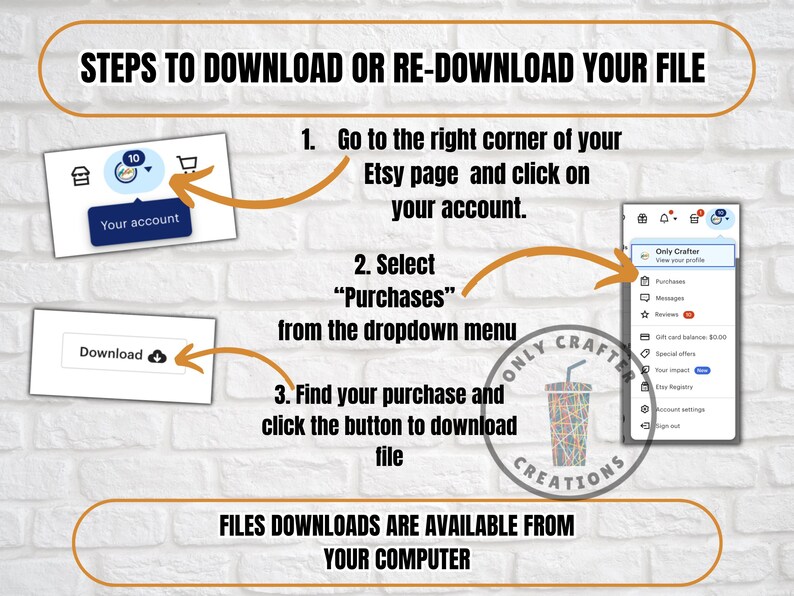 May include: A step-by-step guide on how to download or re-download files from Etsy. The image shows instructions with arrows pointing to the Etsy account, purchases, and download buttons. Text includes "Your account", "Purchases", and "Download".