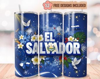 El Salvador Flag Tumbler Wrap PNG for 20 oz skinny tumblers, Professional Salvadoran sublimation design for crafters, digital download