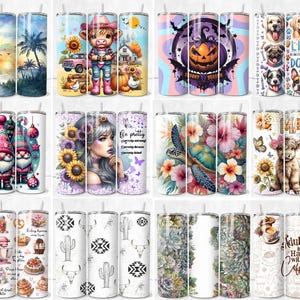 May include: Set of 30 sublimation tumbler designs featuring various themes, including gnomes, sunflowers, a cowgirl, a turtle, a highland cow, a coffee cup, and a sunset. The designs are printed on white tumblers with a black lid and straw.