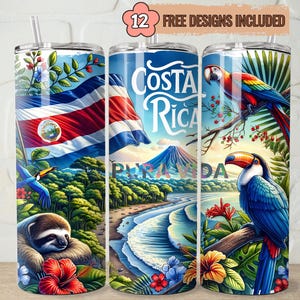 Puede incluir: Un juego de tres vasos de acero inoxidable con diseños temáticos de Costa Rica. Cada vaso presenta ilustraciones vibrantes de la bandera costarricense, tucanes, perezosos, loros y paisajes tropicales. También se muestra el texto "Costa Rica" y "Pura Vida".