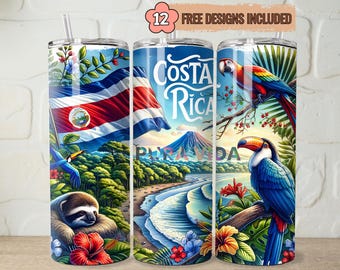 Envoltura para vaso con la bandera de Costa Rica, diseño Pura Vida, envoltura delgada PNG, diseño de sublimación de 20 oz, taza patriótica floral, archivo de descarga digital