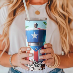 May include: A stainless steel tumbler with a colorful design featuring a coffee pot, a star, and the words "Puerto Rico".