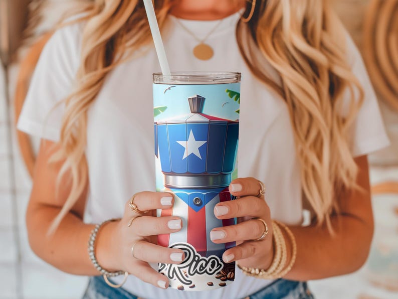 May include: A stainless steel tumbler with a colorful design featuring a coffee pot, a star, and the words "Puerto Rico".