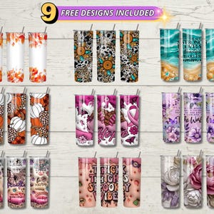 May include: A collection of nine 20 oz. skinny tumblers with various designs. Designs include fall leaves, leopard print, pumpkins, beach scenes, floral patterns, and inspirational quotes. Each tumbler has a straw.