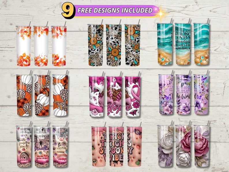 May include: A collection of nine 20 oz. skinny tumblers with various designs. Designs include fall leaves, leopard print, pumpkins, beach scenes, floral patterns, and inspirational quotes. Each tumbler has a straw.