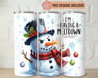 May include: Three white stainless steel tumblers with winter-themed designs. One features a snowman with a black hat, red scarf, and carrot nose. Another says "I'M HAVING A MELTDOWN". The third has snowflakes.