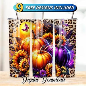 Fall Pumpkins Tumbler Wrap, 20oz Skinny Tumbler Sublimation Design, Sunflowers & Pumpkin Tumbler PNG, Digital Download