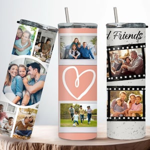 May include: Three stainless steel tumblers with different photo designs. The first tumbler has a collage of photos of a family. The second tumbler has a pink background with a white heart and a photo of a family playing soccer. The third tumbler has a white background with a film strip design and photos of a family.