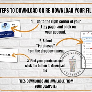 May include: A graphic with instructions on how to download or re-download a digital file from Etsy. The graphic shows screenshots of the Etsy website and includes the text "STEPS TO DOWNLOAD OR RE-DOWNLOAD YOUR FILE".