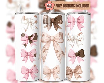 Coquette Tumbler Wrap PNG Pink Bows Ribbons, 20 oz Skinny Sublimation Design, Coquette Aesthetic Pink Girly Wrap, Digital Download