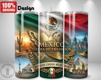 Mexican Flag Tumbler Wrap Mexico Pride, 20 oz Skinny Sublimation PNG, Tierra de Tradición Cinco Mayo Tri Color Design, Digital Download