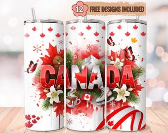 Canada Flag Tumbler Wrap PNG, 20oz Skinny Tumbler Sublimation Design, Canada Day Maple Leaf Patriotic Cup Wrap, Digital Download
