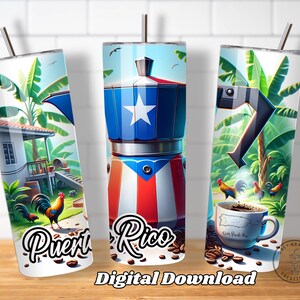 May include: Three sublimation designs for a 20 oz tumbler featuring a Puerto Rican flag, a coffee pot, and a tropical scene with roosters and coffee beans. The text "Puerto Rico" is featured on the tumbler design.