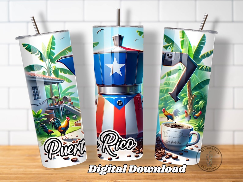 May include: Three sublimation designs for a 20 oz tumbler featuring a Puerto Rican flag, a coffee pot, and a tropical scene with roosters and coffee beans. The text "Puerto Rico" is featured on the tumbler design.