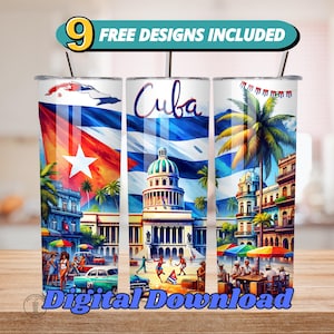 以下が含まれることがあります： キューバの国旗、議会議事堂のある街並み、街並みを背景にしたヤシの木が描かれた、昇華転写タンブラーのデザインが3つあります。タンブラーは白で、デジタルダウンロードのラベルが付いています。