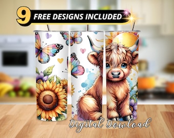 Highland Cow Sunflower Tumbler Wrap: Autumn PNG Design (Digital Download)