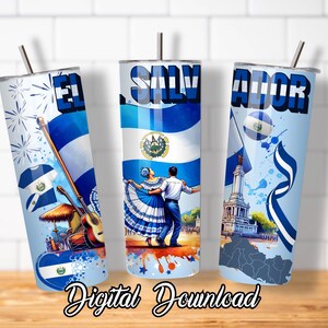 May include: Three sublimation tumblers with designs featuring the flag of El Salvador. The designs include a traditional dance scene, a flag with a ribbon, and a flag with a church in the background. The tumblers are white with a blue and white design.