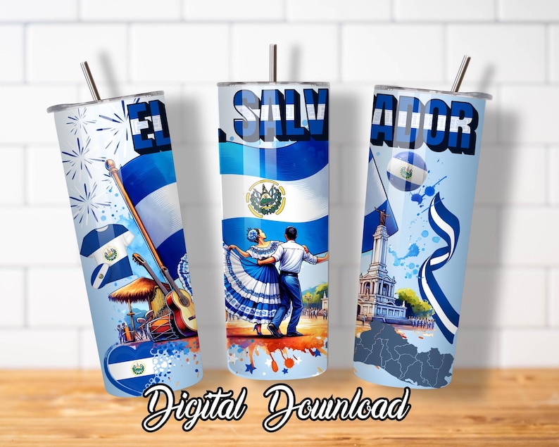 May include: Three sublimation tumblers with designs featuring the flag of El Salvador. The designs include a traditional dance scene, a flag with a ribbon, and a flag with a church in the background. The tumblers are white with a blue and white design.