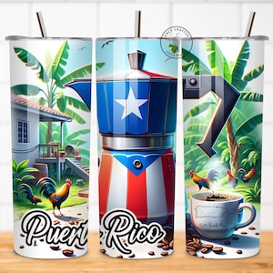 May include: A set of three stainless steel tumblers with a Puerto Rican theme. The tumblers feature a red, white, and blue coffee pot, palm trees, and the words "Puerto Rico".