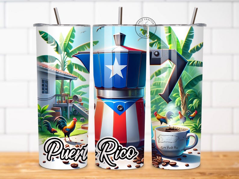 May include: A set of three stainless steel tumblers with a Puerto Rican theme. The tumblers feature a red, white, and blue coffee pot, palm trees, and the words "Puerto Rico".