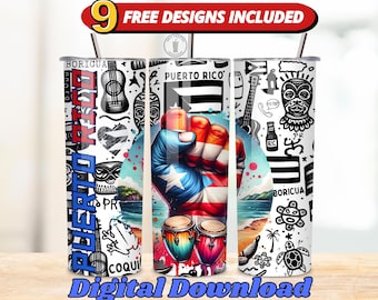 May include: A set of three stainless steel tumblers with different designs featuring Puerto Rican themes. The designs include a fist with the Puerto Rican flag, a traditional Puerto Rican pattern, and a design with the words "Boricua" and "Puerto Rico".