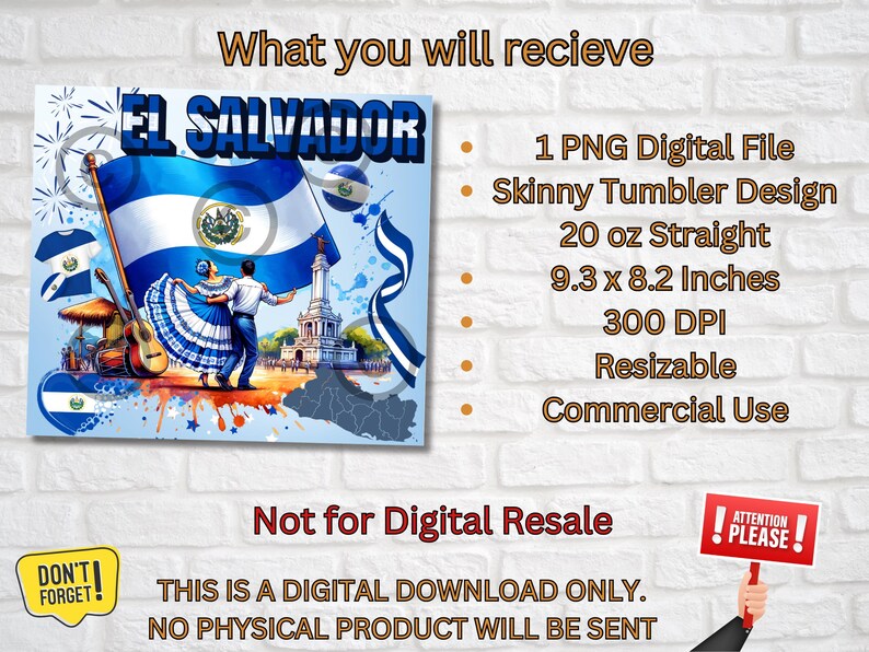 May include: A digital download for a skinny tumbler design featuring a colorful illustration of the El Salvador flag, dancers in traditional clothing, and a cityscape. The design is 9.3 inches by 8.2 inches, 300 DPI, and resizable. It is for commercial use.