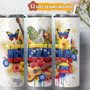 May include: A white tumbler featuring a vibrant design with the word "VENEZUELA" in 3D letters. The design includes butterflies, guitars, flowers, and the Venezuelan flag. The text "12 FREE DESIGNS INCLUDED" is at the top.