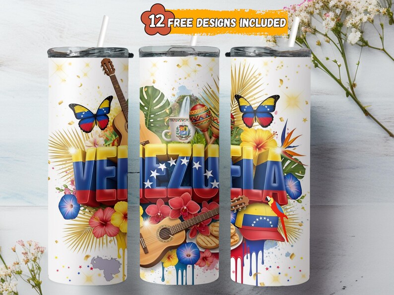 May include: A white tumbler featuring a vibrant design with the word "VENEZUELA" in 3D letters. The design includes butterflies, guitars, flowers, and the Venezuelan flag. The text "12 FREE DESIGNS INCLUDED" is at the top.