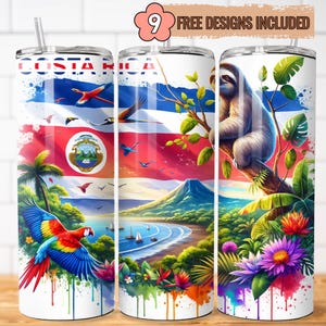 Costa Rica Tumbler Wrap PNG, Floral Costa Rica Flag 20oz Skinny Tumbler Sublimation Design, Pura Vida Tropical Wrap, PNG Digital Download