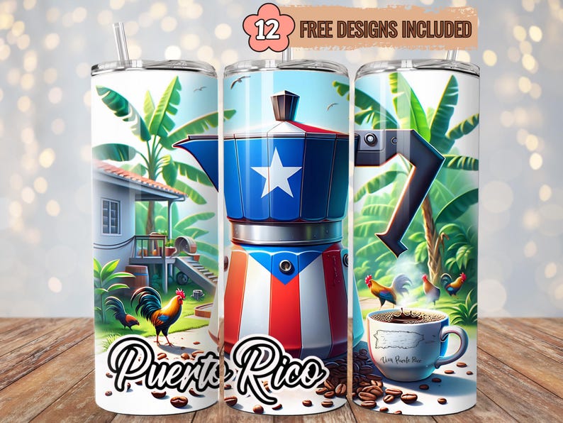 May include: A white tumbler with a design of a coffee pot with a Puerto Rican flag design, palm trees, and roosters. The text "Puerto Rico" is printed on the tumbler.